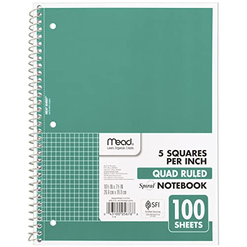 Mead Spiral Notebook, 1-Subject, Graph Ruled Paper, 7-1/2' x 10-1/2', 100 Sheets, Green (05676AC5)