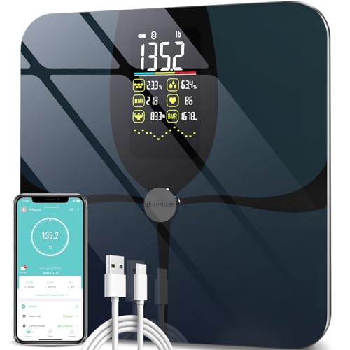 Body Fat Scale, Lepulse Large Display Scale for Body Weight, High Accurate Digital Bathroom Scale, Rechargeable BMI Smart Weight Scale with Body Fat Muscle Heart Rate, 15 Body Compositions with Trend