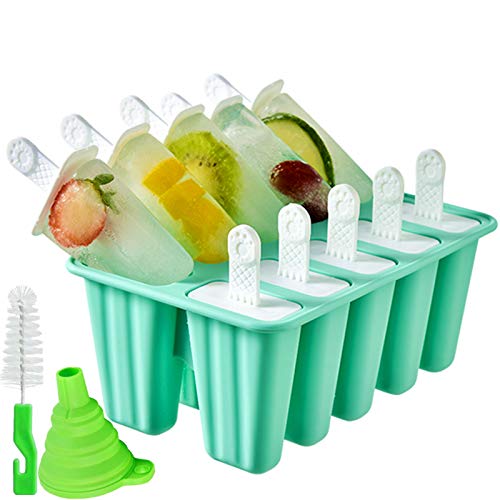 Popsicle Molds 10 Pieces Silicone Ice Pop Molds Popsicle Mold Reusable Easy Release Ice Pop Maker(10 Cavities-Green)