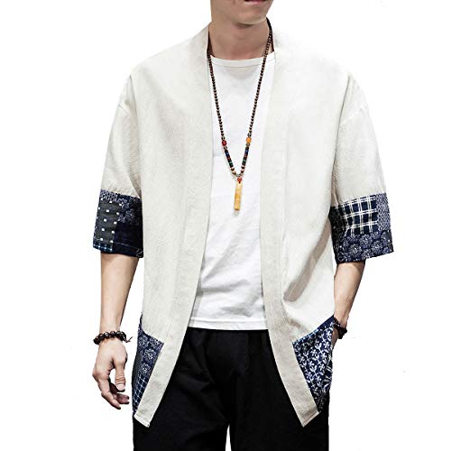 PRIJOUHE Men's Kimono Jackets Cardigan Lightweight Casual Cotton Blends Linen Seven Sleeves Open Front Coat Outwear, Beige 2, Large