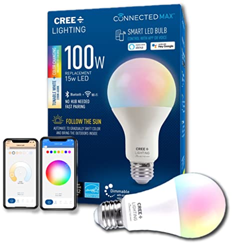 Cree Lighting Connected Max Smart Led Bulb A21 100W Tunable White + Color Changing, 2.4 Ghz, Works With Alexa And Google Home, No Hub Required, Bluetooth + Wifi, 1Pk