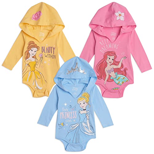 Disney Princess Cinderella Belle Ariel Newborn Baby Girls 3 Pack Cuddly Bodysuits Multicolored 0-3 Months