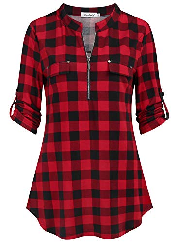 Ninedaily Christmas Shirts for Women, Blouses Fall Fashion Tunic Tops for Leggings Clothes Business Casual Clothing Checkered Shirts Day Friday 2023 Black Red Plaid Shirt Loose Fitting,M