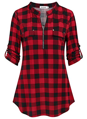 Ninedaily Christmas Shirts for Women, Blouses Fall Fashion Tunic Tops for Leggings Clothes Business Casual Clothing Checkered Shirts Day Friday 2023 Black Red Plaid Shirt Loose Fitting,M