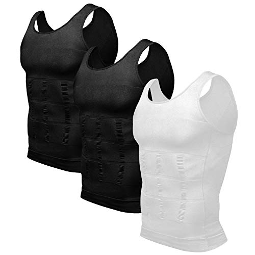 Odoland Men's 3 Pack Body Shaper Base Layer Shirt Tummy Shirt, Black/Black/White, M
