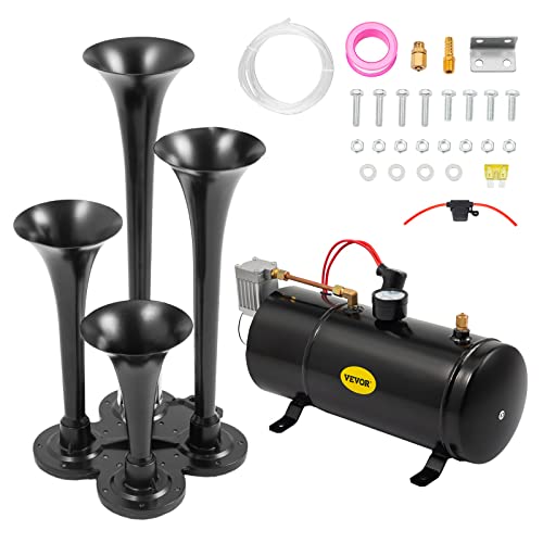 VEVOR 150DB Train Horns Kit for Trucks Super Loud with 120 PSI 12V Air Compressor 4 Trumpet Air Horn Compressor Tank For Any Vehicle Trucks Car Jeep Or SUV (Black)