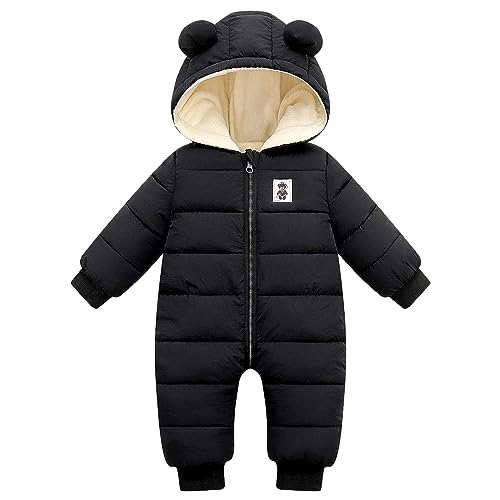 Baby Snowsuit Unisex, Infant Boys Girls Winter Clothes, 6-9-12 Months Newborn Hooded Jacket, Black Snow Suit Coat for Unisex Toddler