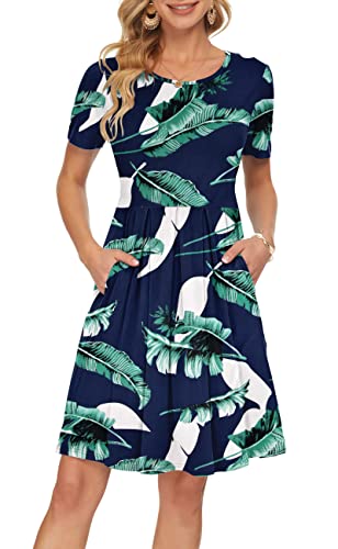 AUSELILY Women's Summer Short Sleeve Loose Swing Casual Print Floral Pleated Dress Pockets Knee Length (M, Blue)