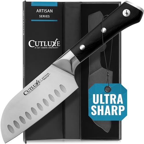 Cutluxe Santoku Knife – 5' Multipurpose Kitchen Knife for Cutting Slicing & Chopping – Forged High Carbon German Steel – Full Tang & Razor Sharp – Ergonomic Handle Design – Artisan Series