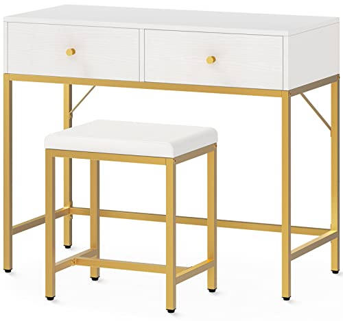 SUPERJARE 35.4' White and Gold Desk with 2 Drawers, Modern Makeup Vanity Desk with Padded Stool, Small Computer Desk Home Office Desk for Writing Study Bedroom