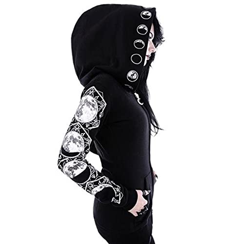 melupa Womens Gothic Hooded Jackets Coats Cardigan Black Vintage Moon Printed Punk Goth Hoodie Plus Size Sweatshirt, 03-black, X-Large
