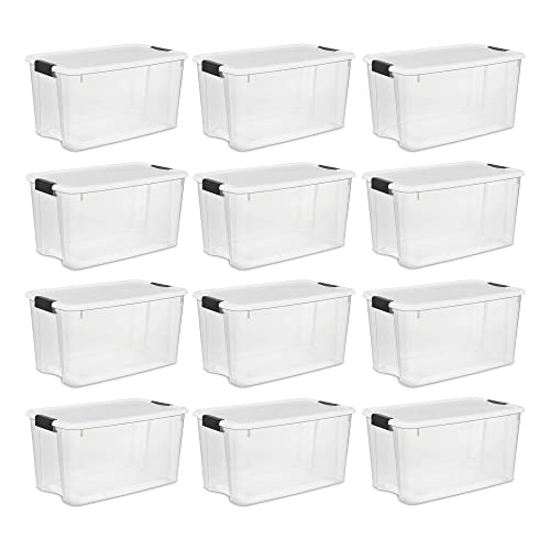 Sterilite 70 Qt Ultra Latch Box, Stackable Storage Bin with Lid, Plastic Container with Heavy Duty Latches To Organize, Clear and White Lid, 4-Pack