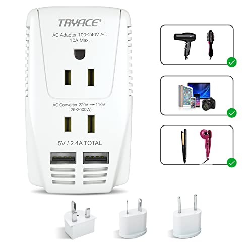 TryAce 2000W Travel Voltage Converter Step Down 220v to 110v Power Converter for Hair Dryer Straightener Curling Iron, 10A Power Adapter with 2 USB Charging EU/UK/AU/US Worldwide Plug for Laptop Phone