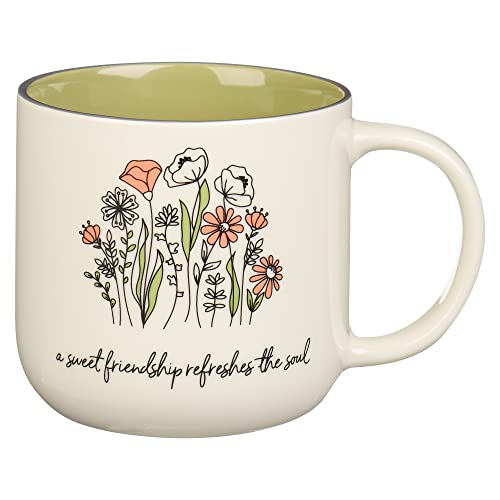 Christian Art Gifts Large Ceramic Coffee & Tea Mug for Women & Friends: Sweet Friendship - Proverbs 27:9 Scripture, Non-toxic/Lead-free, Microwave/Dishwasher Safe Floral Cup, Sage Green/White, 15 oz.