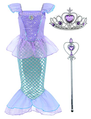 Little Girls Mermaid Princess Costume Dress for Girls Dress Up Party with Crown Mace 3-4 Years (M,110cm) Pink