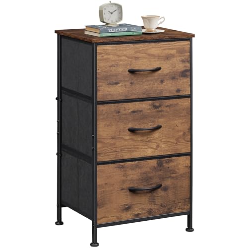 WLIVE Dresser with 3 Drawers, Fabric Nightstand, Organizer Storage Dresser for Bedroom, Hallway, Entryway, Closets, Sturdy Steel Frame, Wood Top, Easy Pull Handle, Rustic Brown Wood Grain Print