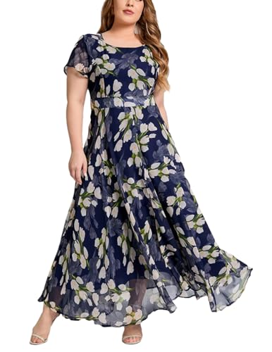 Plus Size Women's Loose Floral Dress Casual Short Sleeve Round Neck Dress Navy Blue 4XL