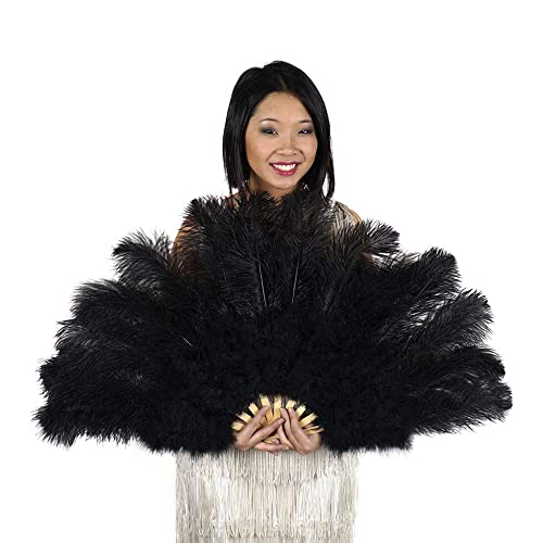 ZUCKER Large Ostrich Feather Fan - Vintage Costume Folding Hand Fan - Burlesque Showgirl Costume Decorative Fan for Women