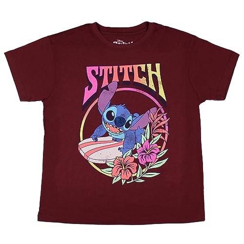 Disney Lilo and Stitch Men's Stitch Surfing Sunset Hibiscus Flowers Distressed Graphic Print T-Shirt (Medium)