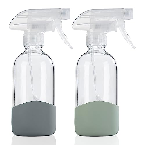 HOMBYS 8 Oz Empty Clear Glass Spray Bottles with Silicone Sleeve Protection Refillable Containers for Cleaning Solutions, Essential Oils, Misting Plants - Quality Sprayer - 2 Pack Boston Bottles