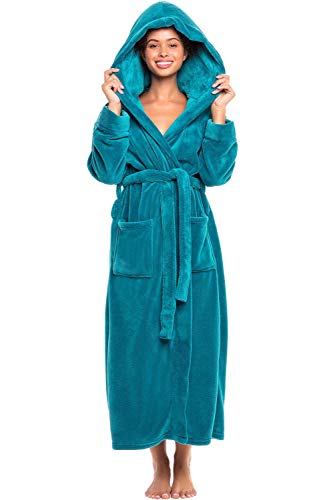 Alexander Del Rossa Womens Robe, Plush Fleece Hooded Bathrobe with Two Large Front Pockets and Tie Closure, Turquoise Green, Medium