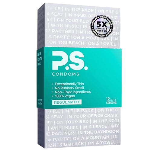 PS Condoms Exceptionally Thin Latex Condoms for Men - Odorless and 100% Vegan - Ultra Thin Lubricated Condom - 40% Thinner and Transparent - 12 Pack