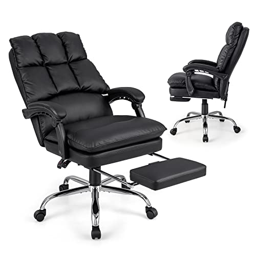 Giantex Executive Office Chair, PU Leather Reclining Chair with Retractable Footrest & Padded Armrests, Soft Cushioned, Adjustable Swivel Computer Desk Chair for Home Office (Black)