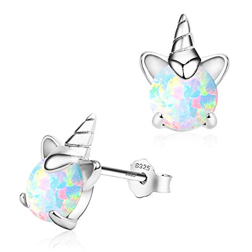 Unicorn Earrings, Opal Earrings ARSKRO S925 Sterling Silver Hyperallergic Stud Earring White Gold Flat Animal Ear Studs Jewelry Gifts for Girls Women