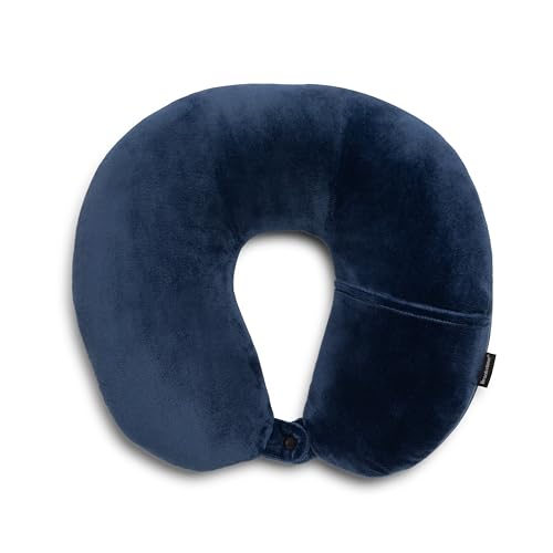 Brookstone Microbead Travel Head and Neck Pillow Lightweight and Plush with Phone or Headphone Pocket, Blue
