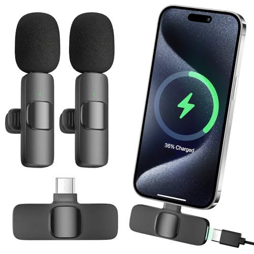 aLLreLi iPhone 15 Mics, 2 Pack Wireless Lavalier Microphone for iP15 Pro/Max - Plug-Play Crystal Clear Sound Quality, Long Lasting for Interviews, Podcasts, Vlogs, and More
