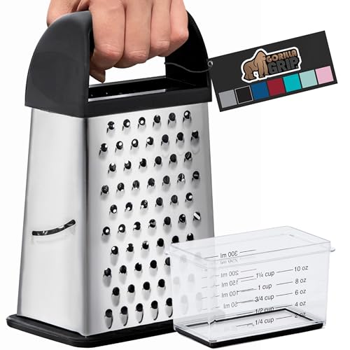 Gorilla Grip Professional 100% BPA Free 4-Sided Cheese Grater, Stainless Steel XL Box Graters with Ergonomic Handle, Parmesan Shredder, Ginger Carrot Slicer, Dishwasher Safe, Include Container, Black