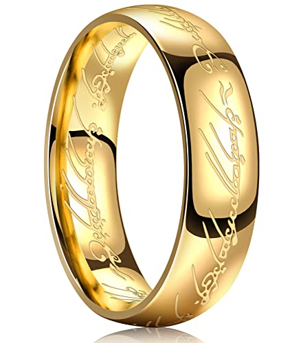 King Ring 6mm Lord of The Rings Engraved Titanium ring – The One Ring to Rule Them All For Men & Women – Lotr Ring – Ring of Power – Gold 9