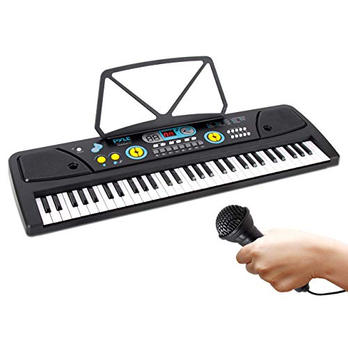 Pyle Digital Piano Kids Keyboard - Portable 61 Key Piano Keyboard, Learning Keyboard for Beginners w/ Drum Pad, Recording, Microphone, Music Sheet Stand, Built-in Speaker - Pyle PKBRD6111 , Black