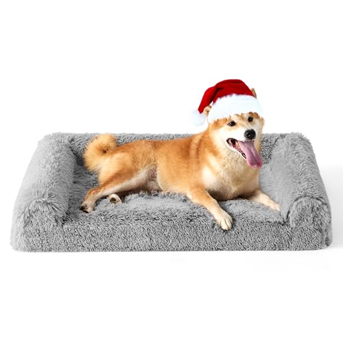 Bedsure Calming Dog Bed for Large Dogs - Orthopedic Egg Foam Dog Sofa Bed, Bolster Couch Pet Bed with Removable Washable Cover, Waterproof Layer, Comfy Fuzzy Faux Fur Surface&Nonskid Bottom,Quiet Gray