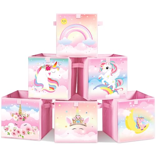 Kigley 6 Pcs Unicorn Collapsible Cube Storage Bins Kids Foldable Storage Cube Organizer Fabric Unicorn Toy Box Decorative Kids Unicorn Storage with Handles for Home Nursery Bedroom, 10.6 x 10.6 inch
