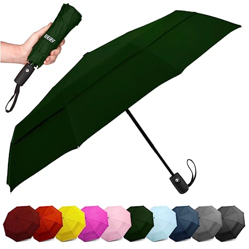 EEZ-Y Windproof Travel Umbrellas for Rain - Lightweight, Strong, Compact with & Easy Auto Open/Close Button for Single Hand Use - Double Vented Canopy for Men & Women - Dark Green