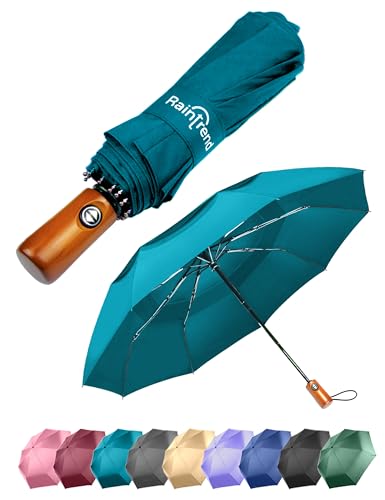Premium Umbrella Windproof Travel Umbrellas for Rain,Compact Small Portable Folding Automatic Strong Wind Resistant Large Double Canopy, Dark Turquoise, Classic