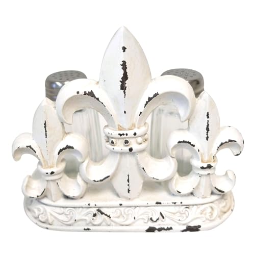 Vintage Fleur De Lis Salt and Pepper Shakers Holder Set – Royal Elegance for Your Dining Table - Ornate Rustic Distressed White Freestanding Tabletop Centerpiece Decoration