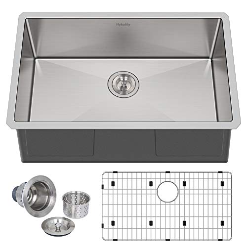 Hykolity 26-inch Undermount Kitchen Sink, 16 Gauge Stainless Steel Single Bowl Sink with Strainer & Bottom Grid, 26' x 18' x 9'