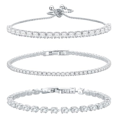 14K Silver Plated Tennis Bracelet Cubic Zirconia Classic Adjustable Bracelet Silver Bracelets for Women Girls Birthday Valentine Mother's Day Jewelry Gift (GSZH-003)