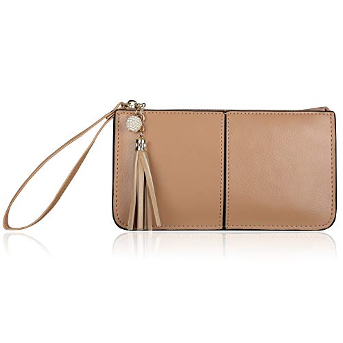 befen Women's Genuine Leather Wristlet Clutch Cell Phone Wallet, Multi Card Organizer Wallet Purse-Tan