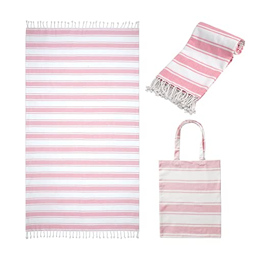 Folkulture Turkish Beach Towel or Sandproof Beach Blanket 40 x 72 Inches with Beach Bag for Vacation, 100% Cotton Quick Dry Oversized Bath Towels for Adults, Lightweight and Large, Pink