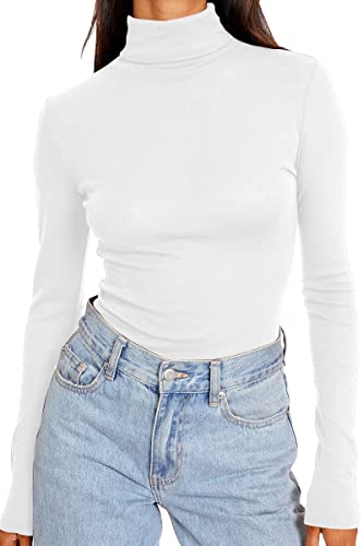 Trendy Queen Women's Thermal Underwear Turtleneck Long Sleeve Shirts Mock Neck Tops Tight Stretch Pullover Basic Layering Scrub Fall Winter Clothes 2023 White