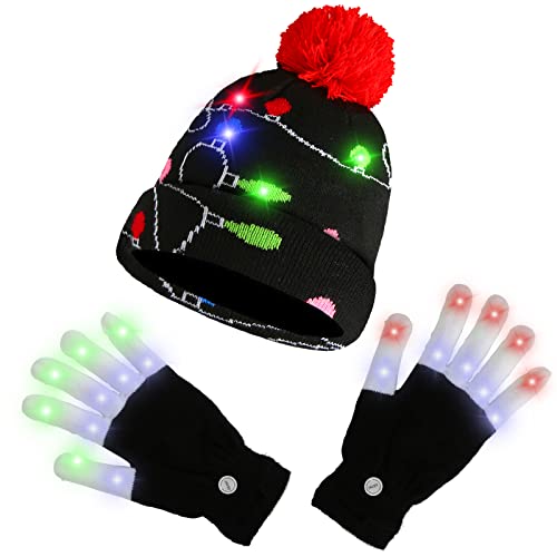 AMOR PRESENT Led Light up Christmas Hat Beanie Knit Cap and Led Gloves Multicoloured