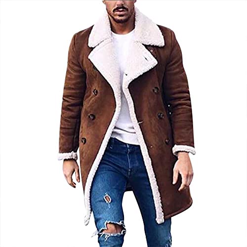 melupa Men's Warm Sherpa Fleece Lined Jackets Outwears Winter Thick Faux Fur Collar Trench Overcoat Casual Long Pea Coat Parka Brown