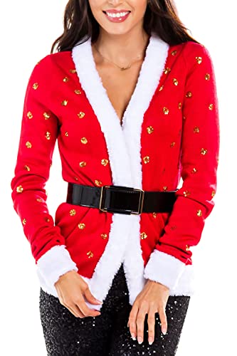 Tipsy Elves Women's Shiny Red Mrs. Claus Cardigan Ugly Christmas Sweater from Size Medium