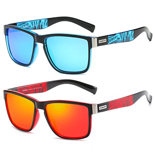 DUBERY Vintage Polarized Sunglasses for Men Women Retro Square Sun Glasses D518 (2Pack-Blue+Red)