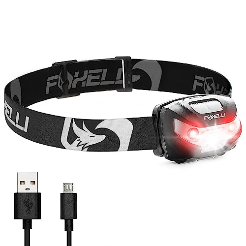 Foxelli Rechargeable Headlamp Flashlight - Super Bright LED Head Lamp for Running, Camping, Hiking & Work, Lightweight Comfortable Head Light for Adults and Kids