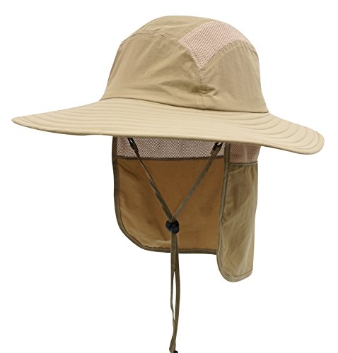 Home Prefer Adult UPF 50+ Sun Protection Cap Wide Brim Fishing Hat with Neck Flap Khaki