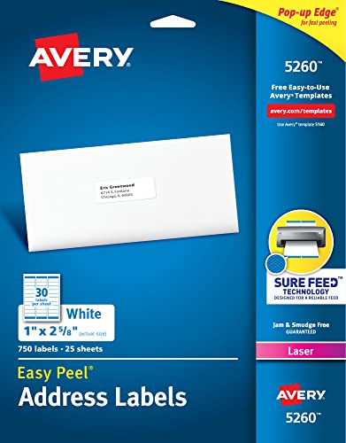 Avery Easy Peel Printable Address Labels with Sure Feed, 1' x 2-5/8', White, 750 Blank Mailing Labels (05260)